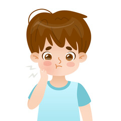 Kid with toothache and swollen cheek. Sad cartoon boy with dental pain. Upset child holding on to an ache tooth.