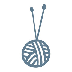 Doodle outline yarn ball icon with needles. Hand drawn vector illustration of knitting supplies, hobby items, leisure time