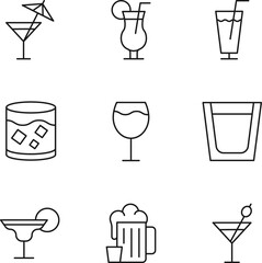 Collection of isolated vector line icons for web sites, adverts, articles, stores, shops. Editable strokes. Signs of cocktail, wine, beer, beech and holiday