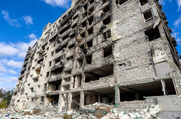 destroyed and burned houses in the city during the war in Ukraine