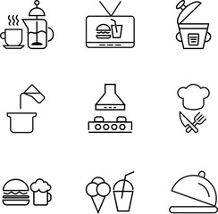 Collection of isolated vector line icons for web sites, adverts, articles, stores, shops. Editable strokes. Signs of tea, burger, soda, multicooker, pan, hood, junk food