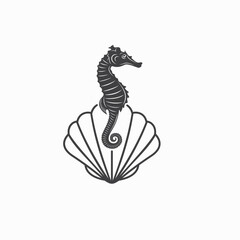 illustration of shell and seahorse, vector art.