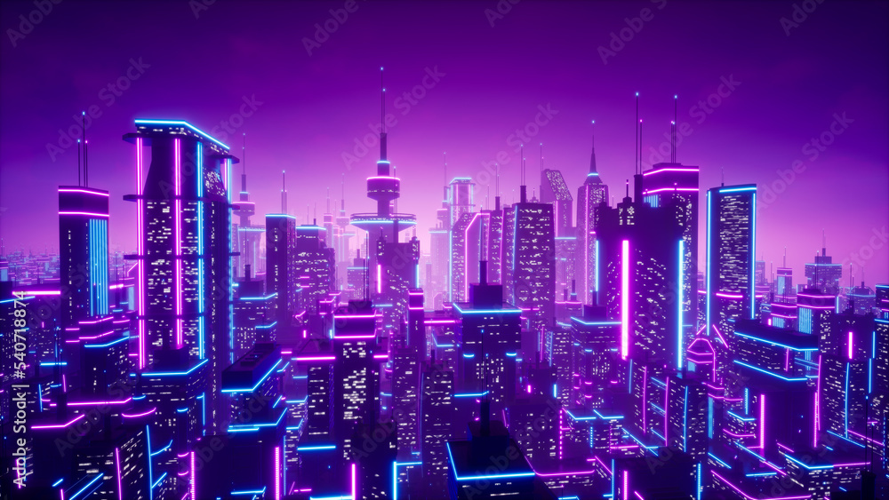 Sticker metaverse city or cyberpunk concept, 3d render