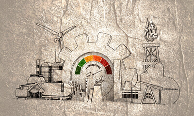 Energy and power industrial concept. Industrial icons and gear with expectations measuring device.