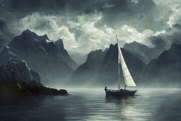 Fototapeta na wymiar fjord and sailboat.