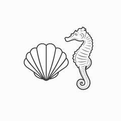 illustration of shell and seahorse, vector art.