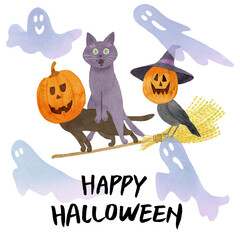 ハロウィン 空飛ぶネコとオバケ