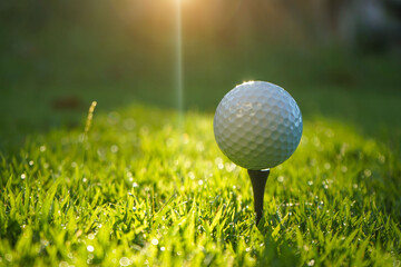 Golf ball is on tee at green lawn in a beautiful golf course with morning sunshine.Ready for golf in the first short.