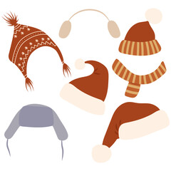 Set of winter hats on a white background. Christmas clipart