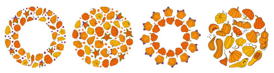 Autumn design template, hand drawn pumpkins, flat vector illustration