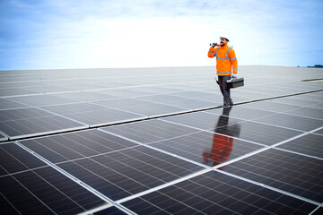 Worker with tools walking on the rooftop covered with solar panels.