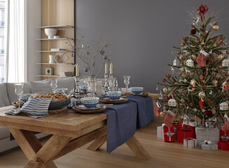 New year tree in scandinavian style interior with christmas decoration. 3D Render