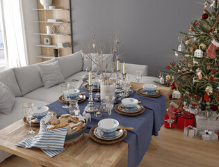 New year tree in scandinavian style interior with christmas decoration. 3D Render