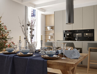 New year tree in scandinavian style interior with christmas decoration. 3D Render	