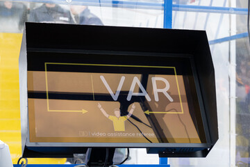 VAR system screen. System video assistant referee during the match - obrazy, fototapety, plakaty