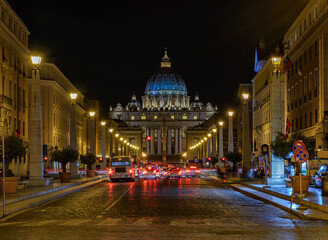 Papal Basilica of Saint Peter, via della Conciliazione in Vatican, Rome in Italy. Architecture and landmark of Rome. Postcard of Rome