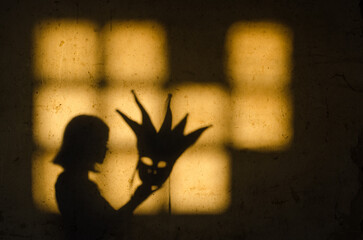 Portrait of young woman wearing carnival mask in abandoned building