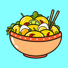 Cute funny ramen bowl. Vector hand drawn cartoon kawaii character illustration icon. Isolated on blue background. Ramen bowl character concept
