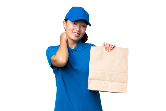 Young Asian woman taking a bag of takeaway food over isolated background laughing