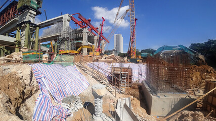 
JOHOR, MALAYSIA -JUNE 17, 2022: The construction site is in progress. Construction work is being...