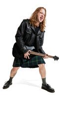 Fototapeta premium Portrait of expressive young man with long hair, rock musician playing guitar, posing over white background
