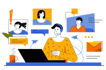 Video chatting web concept. Employee conducts video conference with colleagues. Man making online call his friends sitting at laptop. Illustration for web page template in flat line design