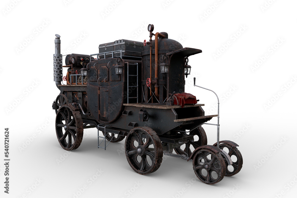 Poster 3D rendering of a Steampunk style steam powered carriage with luggage on top isolated on a transparent background.