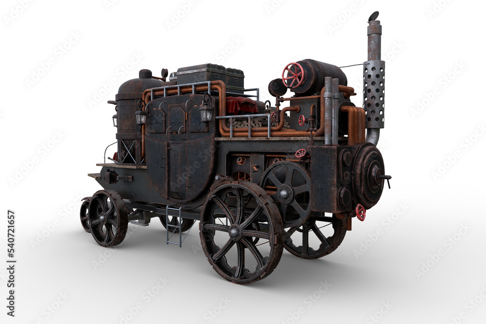 Poster Rear perspective 3D rendering of a Steampunk style steam powered carriage with luggage on top isolated on a transparent background.