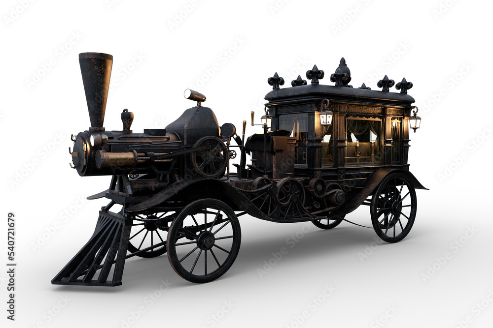 Poster 3D rendering of a Steampunk Halloween concept steam powered hearse with lanterns and candles lit isolated on a transparent background.