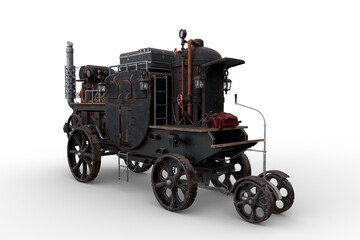 3D rendering of a Steampunk style steam powered carriage with luggage on top isolated on a transparent background.