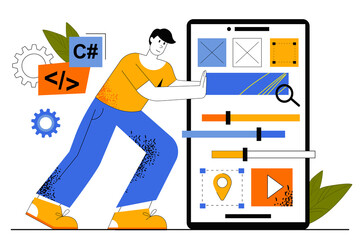 App development web concept. Developer creates interface of mobile app, places buttons, navigation elements. Programmer develop software. Illustration for web page template in flat line design