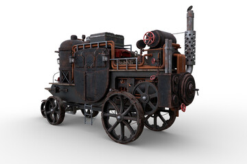 Fototapeta na wymiar Rear perspective 3D rendering of a Steampunk style steam powered carriage with luggage on top isolated on a transparent background.