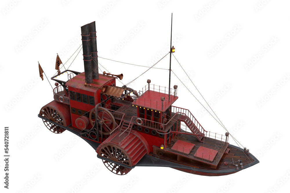 Poster 3D rendering of a Steampunk styled paddle steamer boat viewed from above isolated on a transparent background.