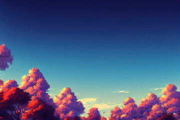 Fototapeta na wymiar Sky Panorama Evening with Relaxing Clouds. Japanese Anime Style Beautiful Atmosphere Background.