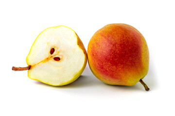 pears on a white background. Pear and half pear close-up