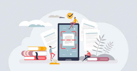 Text recognition and scanning system for image to letters tiny person concept. Mobile phone software application for helpful document transformation from photo to digital document vector illustration.