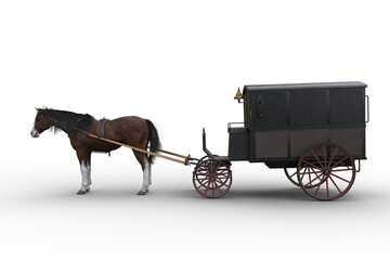 Side view of a Victorian police wagon pullled by a bay horse. 3D rendering isolated on a transparent background. - obrazy, fototapety, plakaty