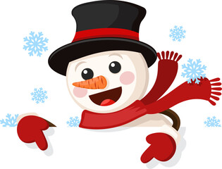 Snowman in a hat points to a place for text on a white background.