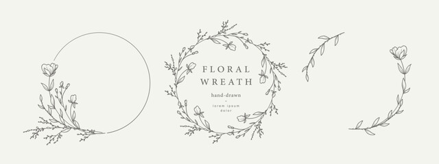 Hand drawn floral frames with flowers, branch and leaves. Wreath. Elegant logo template. Vector illustration for labels, branding business identity, wedding invitation