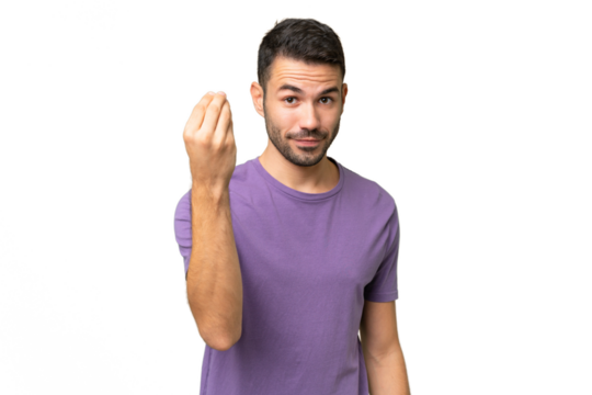Young handsome caucasian man over isolated background making Italian gesture