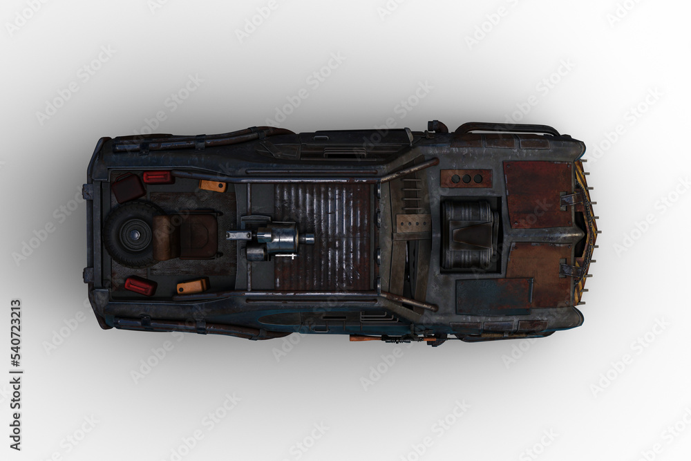Poster Top view 3D rendering of a fantasy zombie apocalypse armoured car isolated on a transparent background.