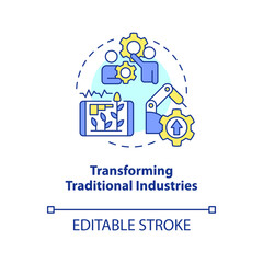 Transform traditional industries concept icon. Technological revolution. Innovation abstract idea thin line illustration. Isolated outline drawing. Editable stroke. Arial, Myriad Pro-Bold fonts used
