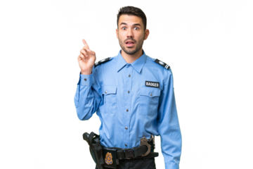 Young police caucasian man over isolated background thinking an idea pointing the finger up