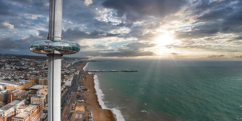 Aerial view of British Airways i360 observation deck in Brighton, UK. Beautiful tower with tourists...