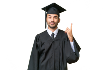 Young university graduate man over isolated background pointing with the index finger a great idea