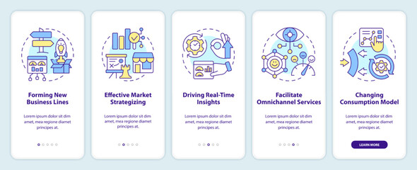 Transforming business ways onboarding mobile app screen. IoT benefits walkthrough 5 steps editable graphic instructions with linear concepts. UI, UX, GUI template. Myriad Pro-Bold, Regular fonts used