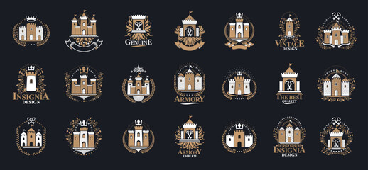 Fortresses emblems vector emblems big set, castles heraldic design elements collection, classic style heraldry architecture symbols, antique forts and citadels. - obrazy, fototapety, plakaty