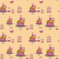 cupcake cake and muffins watercolor pattern beige