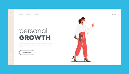 Obraz na płótnie Canvas Personal Growth Landing Page Template. Female Character Wear Office Clothes Walk With Pointing Finger and Clipboard