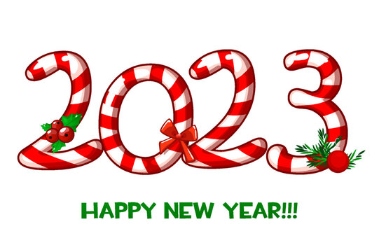 Greeting card or poster Happy New Year 2023 with candy.